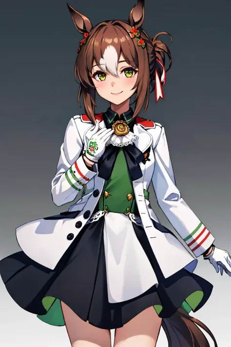 (masterpiece, best quality:1.2), solo, 1girl, finemotion, smile, looking at viewer, folded ponytail, clover hair ornament, horse ears, jacket, long sleeves, shirt, white gloves, black skirt, horse tail <lora:umamusume_finemotion-10:1>