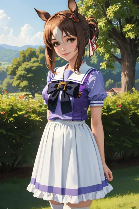 (masterpiece, best quality:1.2), solo, 1girl, finemotion, smile, looking at viewer, arms behind back, folded ponytail, clover hair ornament, horse ears, tracen school uniform, purple shirt, puffy short sleeves, white skirt, white thighhighs, horse tail <lora:umamusume_finemotion-10:1>
