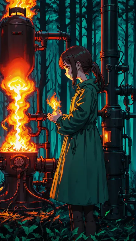 nebulaewisdomanimestyle, <lyco:neg4all_bdsqlsz_xl_V7:1.0>, A girl prays next to a machine with flames spewing from a pipe in the back. , 2d, anime, forest, looking at viewer,