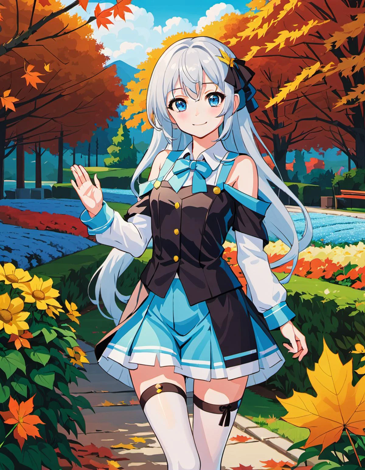 1girl,solo,elegant,2hands,standing,anime,a beautiful girl,long hair,elegant,(full body:1.2),bare shoulders,bare breasts,elegant beautiful school uniform,(black thighhighs:1.1),smile,white hair AND blue hair,in a beautiful garden,autumn,maple,long hair,hair ribbon,(embedding:unaestheticXLv13.safetensors:1.2),(embedding:negativeXL_D.safetensors:0.8),waving two hands,visible two beautiful detailed hands,(masterpiece,best quality,ultra_detailed,highres,absurdres:1),(masterpiece, top quality, best quality, official art, beautiful and aesthetic),ultra-detailed,an extremely delicate and beautiful,beautiful detailed face,clear face,best illustration,extremely detailed eyes and face,amazing,detailed and intricate,Highest image quality,8k,high resolution,delicate background,beautiful detailed glow,