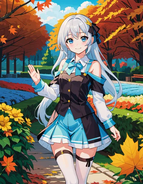 1girl,solo,elegant,2hands,standing,anime,a beautiful girl,long hair,elegant,(full body:1.2),bare shoulders,bare breasts,elegant beautiful school uniform,(black thighhighs:1.1),smile,white hair AND blue hair,in a beautiful garden,autumn,maple,long hair,hair ribbon,(embedding:unaestheticXLv13.safetensors:1.2),(embedding:negativeXL_D.safetensors:0.8)，waving two hands,visible two beautiful detailed hands,(masterpiece,best quality,ultra_detailed,highres,absurdres:1),(masterpiece, top quality, best quality, official art, beautiful and aesthetic),ultra-detailed,an extremely delicate and beautiful,beautiful detailed face,clear face,best illustration,extremely detailed eyes and face,amazing,detailed and intricate,Highest image quality,8k,high resolution,delicate background,beautiful detailed glow,