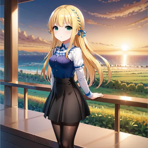 ichinoserei2, 1girl, high-waist skirt,black pantyhose, wind, looking_away, looking_to_the_side, sunset, gloom, hdr, <lora:icre2:0.85>
