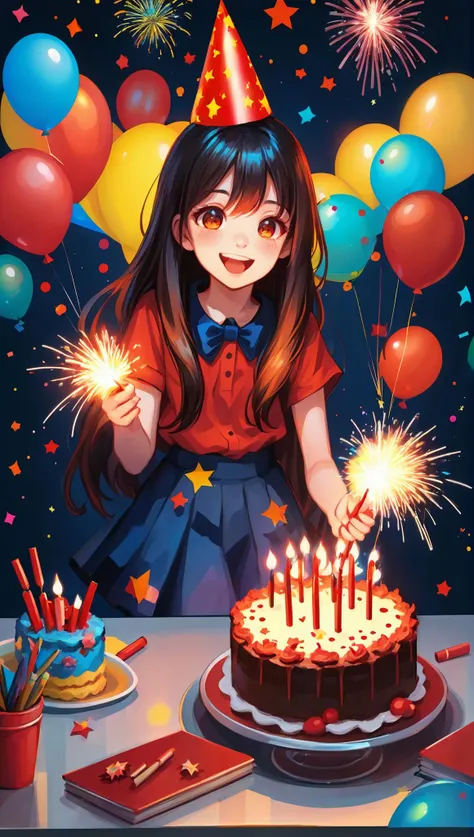 nebulaewisdomanimestyle, <lyco:neg4all_bdsqlsz_xl_V7:1.0>, A girl wearing a party hat and celebrating with firecrackers, long hair, dancing, cake on desk, Banners, balloons