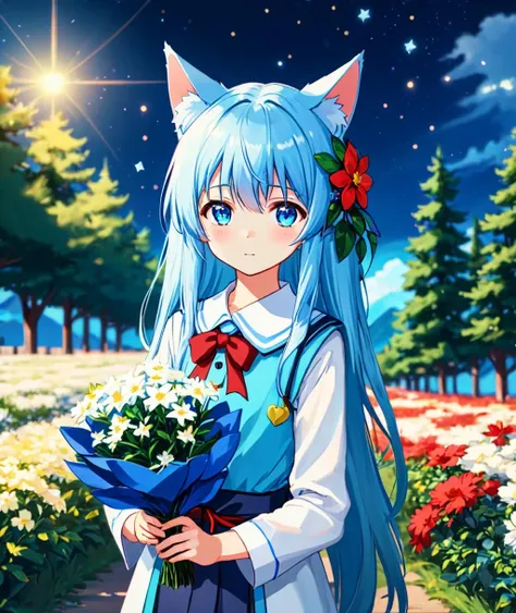 cinematic film still nebulaewisdomanimestyle,
1girl,portrait,looking at viewer,cat ears,very  long hair, school uniform, outdoors,blue hair,holding flower,hair between eyes, red eyeys,flower hair ornament, sparkling eyes, nignt sky milky way background, tree,mountain,floating hair,
. shallow depth of field, vignette, highly detailed, high budget, bokeh, cinemascope, moody, epic, gorgeous, film grain, grainy,