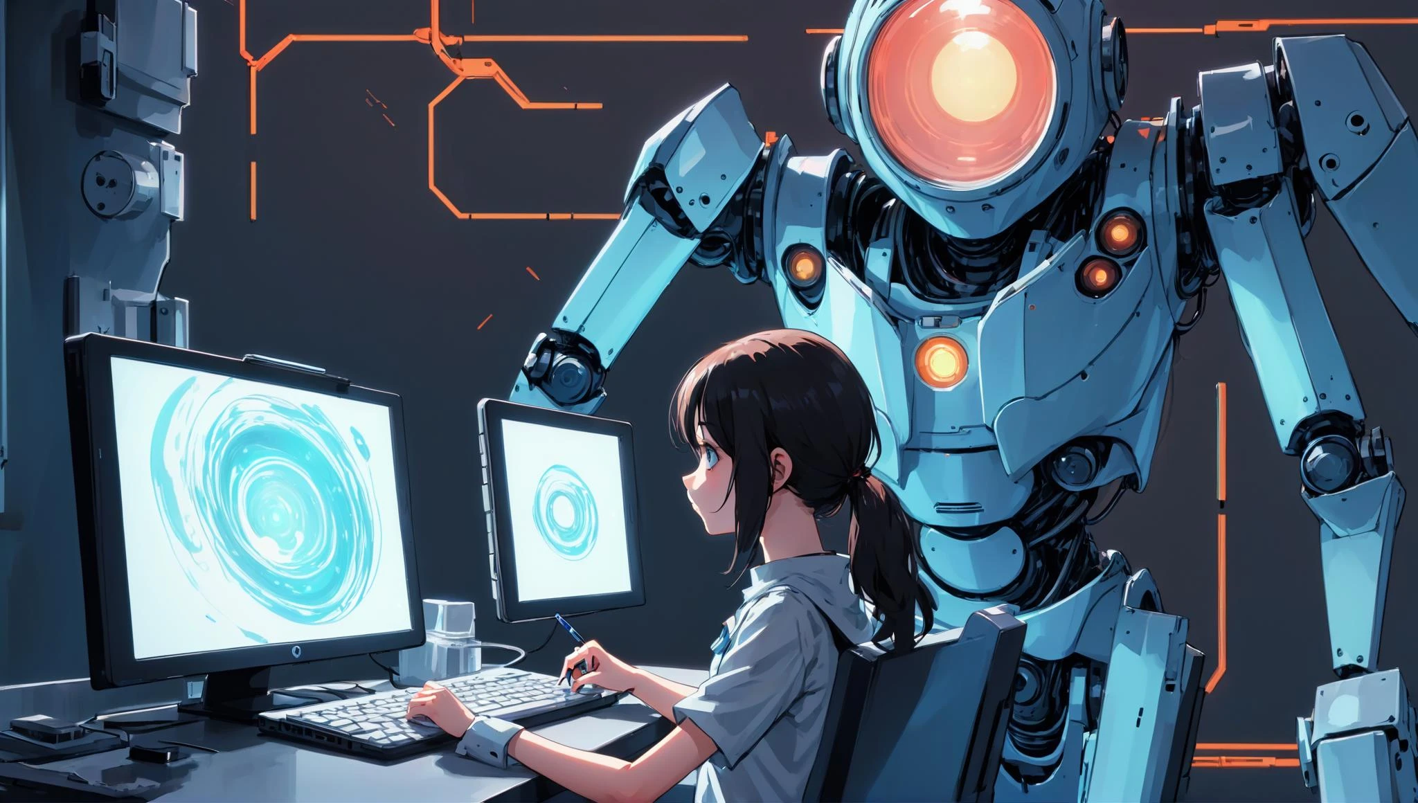 nebulaewisdomanimestyle, <lyco:neg4all_bdsqlsz_xl_V7:1.0>, girl writing on a computer A robot with a giant lens advising behind , 2d, anime, lavatory