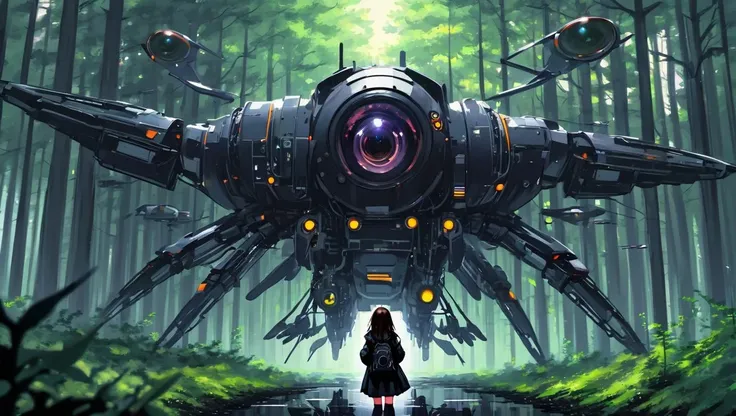 nebulaewisdomanimestyle, A girl on the hand of a robot with many propellers and a giant lens, forest, black raincoat, long hair, 2d, anime, <lyco:neg4all_bdsqlsz_xl_V7:1.0>