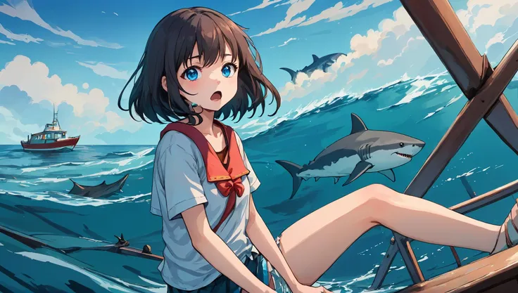 <lyco:neg4all_bdsqlsz_xl_V7:1.0>, nebulaewisdomanimestyle, A girl panics on a sinking boat, Shark fins on the water's surface , sea, looking at viewer, 2d, anime