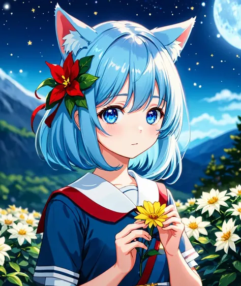 cinematic film still nebulaewisdomanimestyle,
1girl,portrait,looking at viewer,cat ears, school uniform, outdoors,blue hair,holding flower,hair between eyes, red eyeys,flower hair ornament, sparkling eyes, nignt sky milky way background, tree,mountain,
. shallow depth of field, vignette, highly detailed, high budget, bokeh, cinemascope, moody, epic, gorgeous, film grain, grainy
