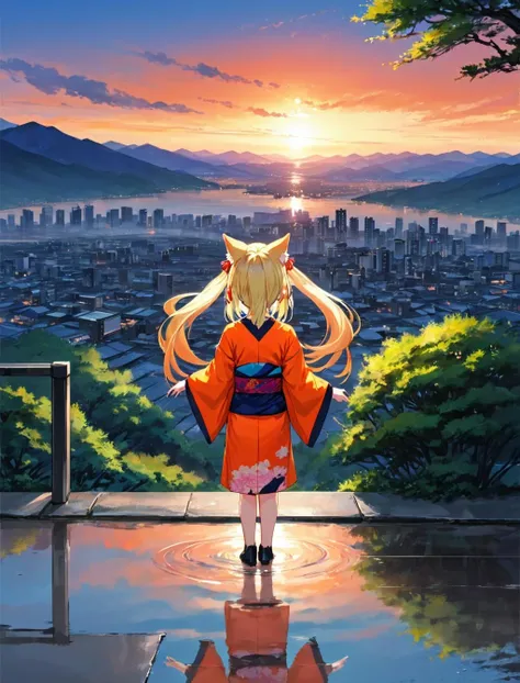 1girl,looking at viewer, cat ears,blonde hair, long hair,standing,kimono,upper body,
cityscape,dusk, gradient sky,horizon,mountainous horizon,orange sky, sunlight, sunrise, sunset,tree,Sunset reflected in a puddle,fter rain,