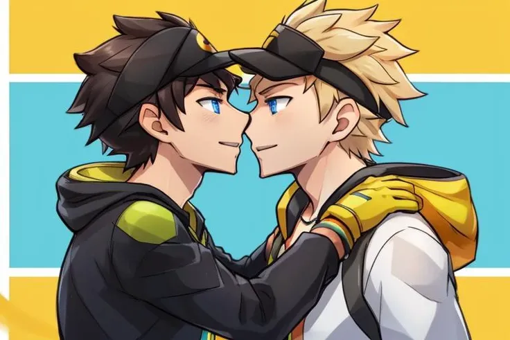 BoyB, BoyA, <lora:SparkGOv1:0.8> , (SparkGO:1.3), spark \(pokemon\), spark(pokemon), 2boys, high quality, best quality, spark \(pokemon\), spark(pokemon), male protagonist \(pokemon go\), male protagonist(pokemon go), male protagonist \(pokemon go\)_Uniform, spark(pokemon)_Uniform, Only one male wears a hat,(Only men with black hair wear hats.), blonde hair boy, black hair boy} , beautiful eyes, eyeball, kiss BREAK
BoyB: {Boy B, spark \(pokemon\), spark(pokemon), necklace, blue eyes, blonde hair, blue eyes, gloves, jacket, black jacket, orange gloves, orange sleeveless hoodie, spark(pokemon)_Uniform, no wearing hat Blond boy, no wearing hat} BREAK
BoyA: {Boy A, male protagonist \(pokemon go\), male protagonist(pokemon go), male protagonist \(pokemon go\)_Uniform, visor cap, black visor cap, short hair, black hair } BREAK