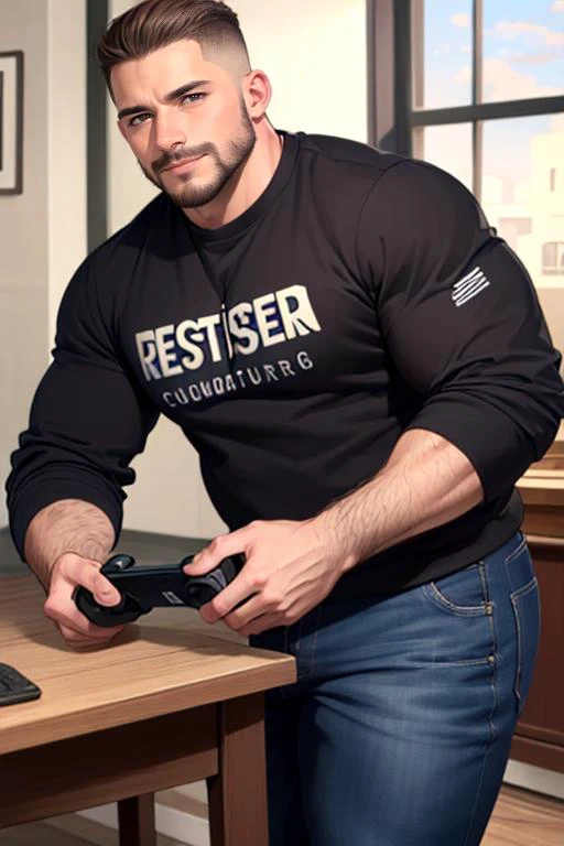 (((1man))), muscular, brown eyes, casual clothes, sweatshirt, handsome, nerd, dynamic, sfw, playing videogames, (intricate details, Masterpiece, high quality, best quality, realistic), (musclebears:0.5), bulgerk-soft