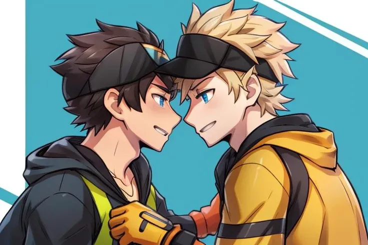 BoyB, BoyA, <lora:SparkGOv1:0.8> , (SparkGO:1.3), spark \(pokemon\), spark(pokemon), 2boys, high quality, best quality, spark \(pokemon\), spark(pokemon), male protagonist \(pokemon go\), male protagonist(pokemon go), male protagonist \(pokemon go\)_Uniform, spark(pokemon)_Uniform, Only one male wears a hat,(Only men with black hair wear hats.), blonde hair boy, black hair boy} BREAK
BoyB: {Boy B, spark \(pokemon\), spark(pokemon), necklace, blue eyes, blonde hair, blue eyes, gloves, jacket, black jacket, orange gloves, orange sleeveless hoodie, spark(pokemon)_Uniform, no wearing hat Blond boy, no wearing hat} BREAK
BoyA: {Boy A, male protagonist \(pokemon go\), male protagonist(pokemon go), male protagonist \(pokemon go\)_Uniform, visor cap, black visor cap, short hair, black hair } BREAK