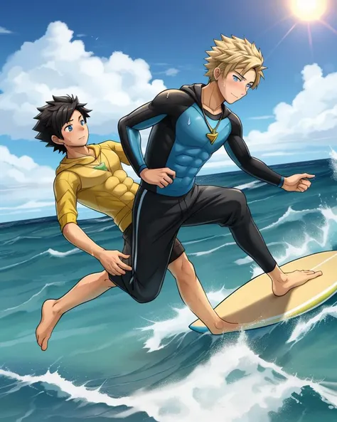 (Blonde_boy) , colorfully, <lora:SparkGOv1:0.8>, SparkGO:1.3, (2boys:1.1), pokemon, (black-haired boy and blond-haired boy), ,high quality, best quality, masterpiece, two handsome teenagers , 4legs, motion lines, sweat, detailed face, detailed eyes, pectorals, curtains, abs, sweat, pectorals, male protagonist(pokemon go) and spark(pokemon) , surfboard, Surfing, ocean, waves,Swimming pants. , two surfboards ,, upper bodynude , waves, outdoors, water, cloud, sky BREAK
BoyA:{BoyA, spark \(pokemon\), spark(pokemon), necklace, detailed eyes,blue eyes, Surfing, 2legs, blonde hair boy, upper bodynude ,} BREAK
BoyB:{BoyB, male protagonist \(pokemon go\), male protagonist(pokemon go), detailed eyes, 2legs, Surfing, black hair boy , short hair, black hair, upper bodynude ,)} BREAK