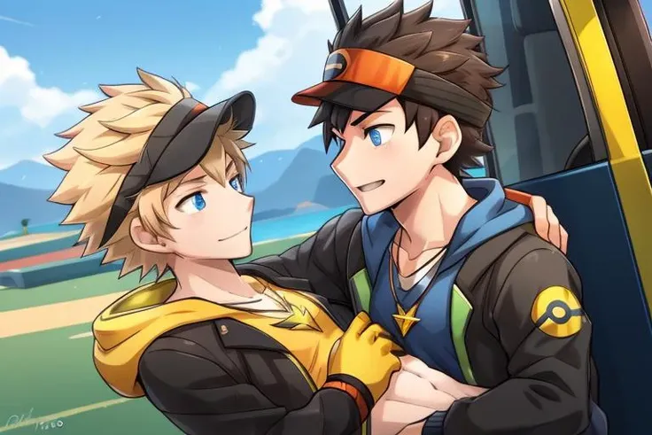 BoyB, BoyA, <lora:SparkGOv1:0.8> , (SparkGO:1.3), spark \(pokemon\), spark(pokemon), 2boys, high quality, best quality, spark \(pokemon\), spark(pokemon), male protagonist \(pokemon go\), male protagonist(pokemon go), male protagonist \(pokemon go\)_Uniform, spark(pokemon)_Uniform, Only one male wears a hat,(Only men with black hair wear hats.), blonde hair boy, black hair boy} BREAK
BoyB: {Boy B, spark \(pokemon\), spark(pokemon), necklace, blue eyes, blonde hair, blue eyes, gloves, jacket, black jacket, orange gloves, orange sleeveless hoodie, spark(pokemon)_Uniform, no wearing hat Blond boy, no wearing hat} BREAK
BoyA: {Boy A, male protagonist \(pokemon go\), male protagonist(pokemon go), male protagonist \(pokemon go\)_Uniform, visor cap, black visor cap, short hair, black hair } BREAK