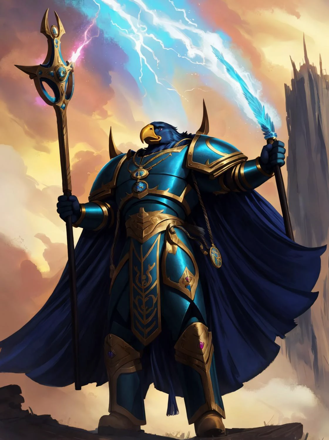 CGI Animation, masterpiece:1.3, eagle, muscular anthro, detailed eyes, detailed face, eagle anthro, eagle, muscular male, cinematic extreme low angle shot, full body shot with feet, perfect proportions, evil, villain, narcissist, smug smile, condescending gaze, handsome!, Tzeentch's power made manifest, hail Tzeentch, masterwork oil painting, oil on canvas, Warhammer 40K official artwork, glowing blue eyes, sapphire blue robe, sapphire blue armor, Aethermatic Blue eagle, teal feathers, metallic blue body, Aethermatic Blue skin, magenta accents, the eagle is reveling in his newfound strength and power, eye of Tzeentch medallion and pendant and symbols made of gold and blue and an ever changing pearlescent rainbow of colors, magnificent plumage, magnificent voluminous cape with gold and magenta accents, mighty feathered wings, Silver Tower of Tzeentch, dark stormy multicolored skies of swirling chaos with kaleidoscopic bursts of magical energy, silver lightning, daemon prince of Tzeentch, absolutely brilliant sorcerer, Staff of Tzeentch, Tzeentchian runes and icons bedecking his wargear, Baleful Sword, Lord of Change, Mark of Tzeentch, leads and controls and endless legion of Rubric Marines, Indomitable potent psychic powers, cinematic character render, ultra high quality model, 8k Ultra HD, perfect composition, beautiful detailed intricate insanely detailed octane render trending on artstation, 8 k artistic photography, photorealistic concept art, soft natural volumetric cinematic perfect light, chiaroscuro, perfect depth of field shot, ray tracing, photometry, vivid and vibrant colors,
(art by Chunie, jiandou, darkgem, midjourney),
<lora:AdlerianEagle:0.65> <lora:chaoswarrior:0.65> tzeentch, chaos sorcerer, absurdly detailed, <lora:thousandsons:0.65> thousandsons, armor, magic, glowing