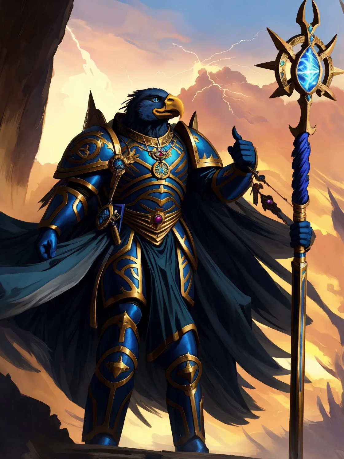CGI Animation, masterpiece:1.3, eagle, muscular anthro, detailed eyes, detailed face, eagle anthro, eagle, muscular male, cinematic extreme low angle shot, full body shot with feet, perfect proportions, evil, villain, narcissist, smug smile, condescending gaze, handsome!, Tzeentch's power made manifest, hail Tzeentch, masterwork oil painting, oil on canvas, Warhammer 40K official artwork, glowing blue eyes, sapphire blue robe, sapphire blue armor, Aethermatic Blue eagle, teal feathers, metallic blue body, Aethermatic Blue skin, magenta accents, the eagle is reveling in his newfound strength and power, eye of Tzeentch medallion and pendant and symbols made of gold and blue and an ever changing pearlescent rainbow of colors, magnificent plumage, magnificent voluminous cape with gold and magenta accents, mighty feathered wings, Silver Tower of Tzeentch, dark stormy multicolored skies of swirling chaos with kaleidoscopic bursts of magical energy, silver lightning, daemon prince of Tzeentch, absolutely brilliant sorcerer, Staff of Tzeentch, Tzeentchian runes and icons bedecking his wargear, Baleful Sword, Lord of Change, Mark of Tzeentch, leads and controls and endless legion of Rubric Marines, Indomitable potent psychic powers, cinematic character render, ultra high quality model, 8k Ultra HD, perfect composition, beautiful detailed intricate insanely detailed octane render trending on artstation, 8 k artistic photography, photorealistic concept art, soft natural volumetric cinematic perfect light, chiaroscuro, perfect depth of field shot, ray tracing, photometry, vivid and vibrant colors,
(art by Chunie, jiandou, darkgem, midjourney),
<lora:AdlerianEagle:0.65> <lora:chaoswarrior:0.65> tzeentch, chaos sorcerer, absurdly detailed, <lora:thousandsons:0.65> thousandsons, armor, magic, glowing