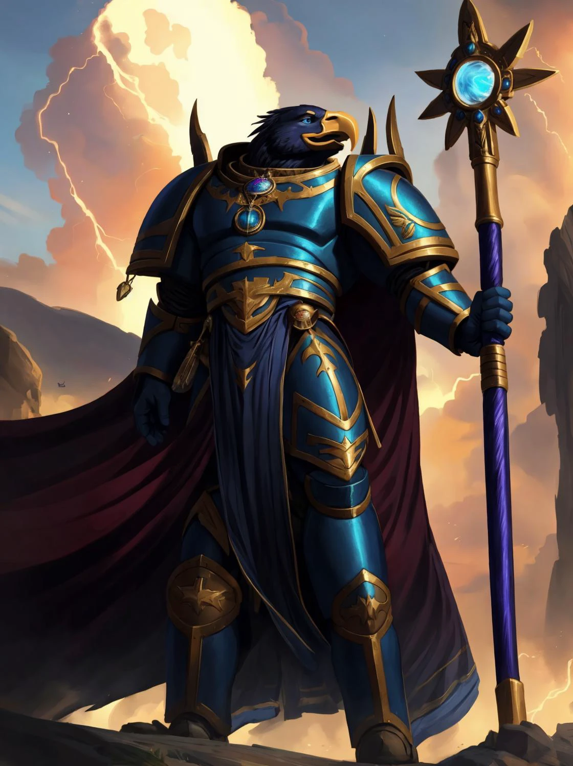 CGI Animation, masterpiece:1.3, eagle, muscular anthro, detailed eyes, detailed face, eagle anthro, eagle, muscular male, cinematic extreme low angle shot, full body shot with feet, perfect proportions, evil, villain, narcissist, smug smile, condescending gaze, handsome!, Tzeentch's power made manifest, hail Tzeentch, masterwork oil painting, oil on canvas, Warhammer 40K official artwork, glowing blue eyes, sapphire blue robe, sapphire blue armor, Aethermatic Blue eagle, teal feathers, metallic blue body, Aethermatic Blue skin, magenta accents, the eagle is reveling in his newfound strength and power, eye of Tzeentch medallion and pendant and symbols made of gold and blue and an ever changing pearlescent rainbow of colors, magnificent plumage, magnificent voluminous cape with gold and magenta accents, mighty feathered wings, Silver Tower of Tzeentch, dark stormy multicolored skies of swirling chaos with kaleidoscopic bursts of magical energy, silver lightning, daemon prince of Tzeentch, absolutely brilliant sorcerer, Staff of Tzeentch, Tzeentchian runes and icons bedecking his wargear, Baleful Sword, Lord of Change, Mark of Tzeentch, leads and controls and endless legion of Rubric Marines, Indomitable potent psychic powers, cinematic character render, ultra high quality model, 8k Ultra HD, perfect composition, beautiful detailed intricate insanely detailed octane render trending on artstation, 8 k artistic photography, photorealistic concept art, soft natural volumetric cinematic perfect light, chiaroscuro, perfect depth of field shot, ray tracing, photometry, vivid and vibrant colors,
(art by Chunie, jiandou, darkgem, midjourney),
<lora:AdlerianEagle:0.65> <lora:chaoswarrior:0.65> tzeentch, chaos sorcerer, absurdly detailed, <lora:thousandsons:0.65> thousandsons, armor, magic, glowing