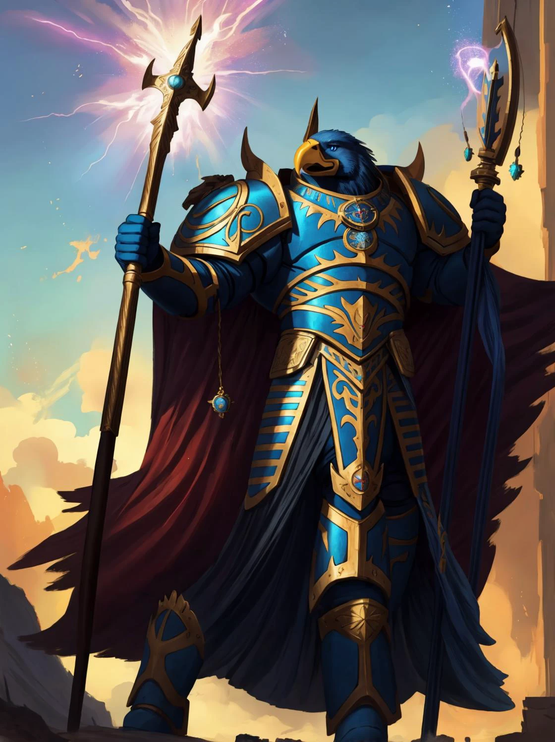 CGI Animation, masterpiece:1.3, eagle, muscular anthro, detailed eyes, detailed face, eagle anthro, eagle, muscular male, cinematic extreme low angle shot, full body shot with feet, perfect proportions, evil, villain, narcissist, smug smile, condescending gaze, handsome!, Tzeentch's power made manifest, hail Tzeentch, masterwork oil painting, oil on canvas, Warhammer 40K official artwork, glowing blue eyes, sapphire blue robe, sapphire blue armor, Aethermatic Blue eagle, teal feathers, metallic blue body, Aethermatic Blue skin, magenta accents, the eagle is reveling in his newfound strength and power, eye of Tzeentch medallion and pendant and symbols made of gold and blue and an ever changing pearlescent rainbow of colors, magnificent plumage, magnificent voluminous cape with gold and magenta accents, mighty feathered wings, Silver Tower of Tzeentch, dark stormy multicolored skies of swirling chaos with kaleidoscopic bursts of magical energy, silver lightning, daemon prince of Tzeentch, absolutely brilliant sorcerer, Staff of Tzeentch, Tzeentchian runes and icons bedecking his wargear, Baleful Sword, Lord of Change, Mark of Tzeentch, leads and controls and endless legion of Rubric Marines, Indomitable potent psychic powers, cinematic character render, ultra high quality model, 8k Ultra HD, perfect composition, beautiful detailed intricate insanely detailed octane render trending on artstation, 8 k artistic photography, photorealistic concept art, soft natural volumetric cinematic perfect light, chiaroscuro, perfect depth of field shot, ray tracing, photometry, vivid and vibrant colors,
(art by Chunie, jiandou, darkgem, midjourney),
<lora:AdlerianEagle:0.65> <lora:chaoswarrior:0.65> tzeentch, chaos sorcerer, absurdly detailed, <lora:thousandsons:0.65> thousandsons, armor, magic, glowing