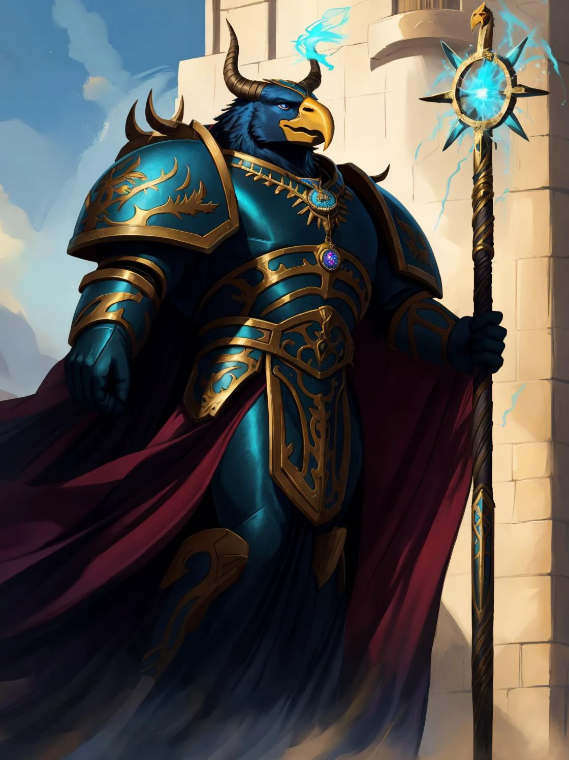 CGI Animation, masterpiece:1.3, eagle, muscular anthro, detailed eyes, detailed face, eagle anthro, eagle, muscular male, cinematic extreme low angle shot, full body shot with feet, perfect proportions, evil, villain, narcissist, smug smile, condescending gaze, handsome!, Tzeentch's power made manifest, hail Tzeentch, masterwork oil painting, oil on canvas, Warhammer 40K official artwork, glowing blue eyes, sapphire blue robe, sapphire blue armor, Aethermatic Blue eagle, teal feathers, metallic blue body, Aethermatic Blue skin, magenta accents, the eagle is reveling in his newfound strength and power, eye of Tzeentch medallion and pendant and symbols made of gold and blue and an ever changing pearlescent rainbow of colors, magnificent plumage, magnificent voluminous cape with gold and magenta accents, mighty feathered wings, Silver Tower of Tzeentch, dark stormy multicolored skies of swirling chaos with kaleidoscopic bursts of magical energy, silver lightning, daemon prince of Tzeentch, absolutely brilliant sorcerer, Staff of Tzeentch, Tzeentchian runes and icons bedecking his wargear, Baleful Sword, Lord of Change, Mark of Tzeentch, leads and controls and endless legion of Rubric Marines, Indomitable potent psychic powers, cinematic character render, ultra high quality model, 8k Ultra HD, perfect composition, beautiful detailed intricate insanely detailed octane render trending on artstation, 8 k artistic photography, photorealistic concept art, soft natural volumetric cinematic perfect light, chiaroscuro, perfect depth of field shot, ray tracing, photometry, vivid and vibrant colors,
(art by Chunie, jiandou, darkgem, midjourney),
<lora:AdlerianEagle:0.65> <lora:chaoswarrior:0.65> tzeentch, chaos sorcerer, absurdly detailed, <lora:thousandsons:0.65> thousandsons, armor, magic, glowing