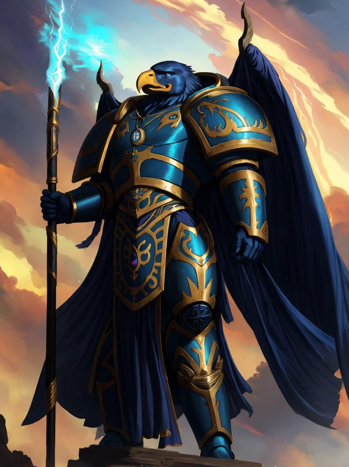 CGI Animation, masterpiece:1.3, eagle, muscular anthro, detailed eyes, detailed face, eagle anthro, eagle, muscular male, cinematic extreme low angle shot, full body shot with feet, perfect proportions, evil, villain, narcissist, smug smile, condescending gaze, handsome!, Tzeentch's power made manifest, hail Tzeentch, masterwork oil painting, oil on canvas, Warhammer 40K official artwork, glowing blue eyes, sapphire blue robe, sapphire blue armor, Aethermatic Blue eagle, teal feathers, metallic blue body, Aethermatic Blue skin, magenta accents, the eagle is reveling in his newfound strength and power, eye of Tzeentch medallion and pendant and symbols made of gold and blue and an ever changing pearlescent rainbow of colors, magnificent plumage, magnificent voluminous cape with gold and magenta accents, mighty feathered wings, Silver Tower of Tzeentch, dark stormy multicolored skies of swirling chaos with kaleidoscopic bursts of magical energy, silver lightning, daemon prince of Tzeentch, absolutely brilliant sorcerer, Staff of Tzeentch, Tzeentchian runes and icons bedecking his wargear, Baleful Sword, Lord of Change, Mark of Tzeentch, leads and controls and endless legion of Rubric Marines, Indomitable potent psychic powers, cinematic character render, ultra high quality model, 8k Ultra HD, perfect composition, beautiful detailed intricate insanely detailed octane render trending on artstation, 8 k artistic photography, photorealistic concept art, soft natural volumetric cinematic perfect light, chiaroscuro, perfect depth of field shot, ray tracing, photometry, vivid and vibrant colors,
(art by Chunie, jiandou, darkgem, midjourney),
<lora:AdlerianEagle:0.65> <lora:chaoswarrior:0.65> tzeentch, chaos sorcerer, absurdly detailed, <lora:thousandsons:0.65> thousandsons, armor, magic, glowing