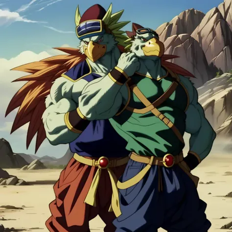 score_9, score_8_up, score_7_up, score_6_up, score_5_up, score_4_up,
vivid colors, 8K, hi-fi,
light green skin, light green feathered body, bird, dragonball z, red eyes, evil, villain, intricate detailed eyes, masterwork anime illustration, perfect proportions, powerful muscular body, perfect hands, goggles, hat, veiny muscular body, thick arms, large biceps, masterwork anime screenshot,
((in the style of the Dragonball Z, ))
((in the style of and art by Akira Toriyama, jiandou, taran fiddler, darkgem, ruaidri, yupa, kiyosan, )),
<lora:Ganos:0.85>