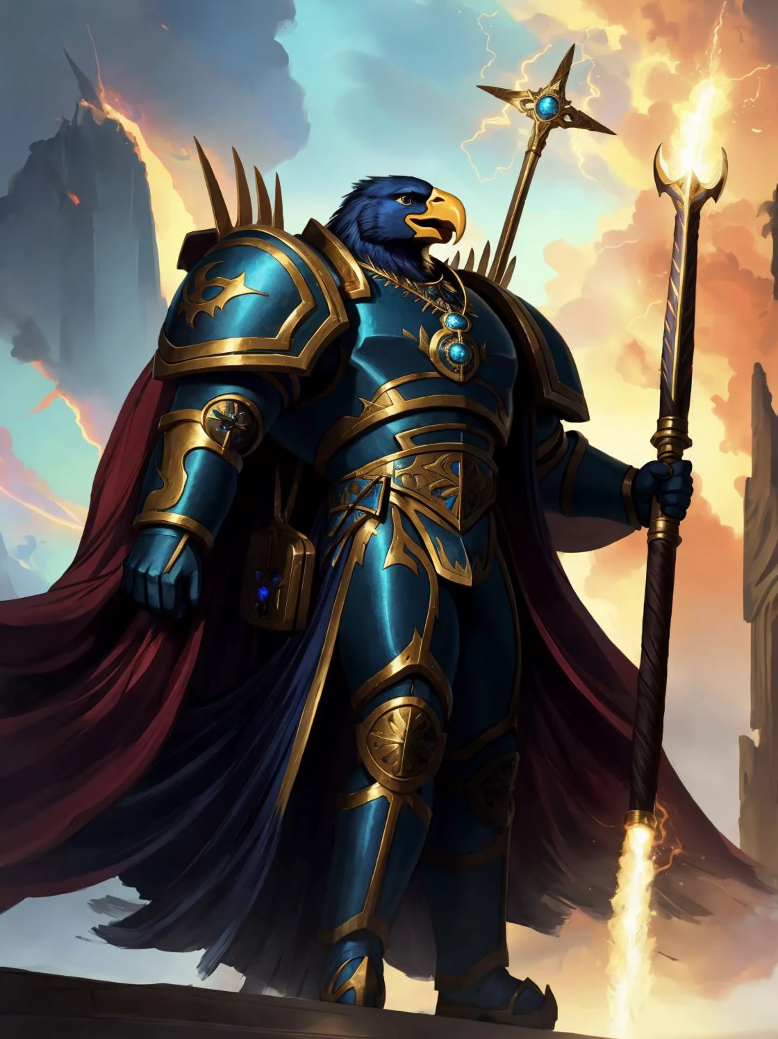 CGI Animation, masterpiece:1.3, eagle, muscular anthro, detailed eyes, detailed face, eagle anthro, eagle, muscular male, cinematic extreme low angle shot, full body shot with feet, perfect proportions, evil, villain, narcissist, smug smile, condescending gaze, handsome!, Tzeentch's power made manifest, hail Tzeentch, masterwork oil painting, oil on canvas, Warhammer 40K official artwork, glowing blue eyes, sapphire blue robe, sapphire blue armor, Aethermatic Blue eagle, teal feathers, metallic blue body, Aethermatic Blue skin, magenta accents, the eagle is reveling in his newfound strength and power, eye of Tzeentch medallion and pendant and symbols made of gold and blue and an ever changing pearlescent rainbow of colors, magnificent plumage, magnificent voluminous cape with gold and magenta accents, mighty feathered wings, Silver Tower of Tzeentch, dark stormy multicolored skies of swirling chaos with kaleidoscopic bursts of magical energy, silver lightning, daemon prince of Tzeentch, absolutely brilliant sorcerer, Staff of Tzeentch, Tzeentchian runes and icons bedecking his wargear, Baleful Sword, Lord of Change, Mark of Tzeentch, leads and controls and endless legion of Rubric Marines, Indomitable potent psychic powers, cinematic character render, ultra high quality model, 8k Ultra HD, perfect composition, beautiful detailed intricate insanely detailed octane render trending on artstation, 8 k artistic photography, photorealistic concept art, soft natural volumetric cinematic perfect light, chiaroscuro, perfect depth of field shot, ray tracing, photometry, vivid and vibrant colors,
(art by Chunie, jiandou, darkgem, midjourney),
<lora:AdlerianEagle:0.65> <lora:chaoswarrior:0.65> tzeentch, chaos sorcerer, absurdly detailed, <lora:thousandsons:0.65> thousandsons, armor, magic, glowing