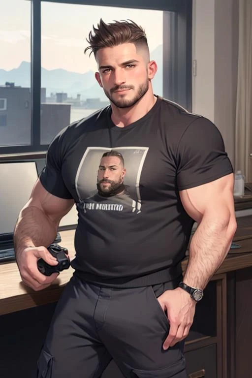 (((1man))), muscular, brown eyes, casual clothes, sweatshirt, handsome, nerd, dynamic, sfw, playing videogames, (intricate details, Masterpiece, high quality, best quality, realistic), (musclebears:0.5), bulgerk-soft
