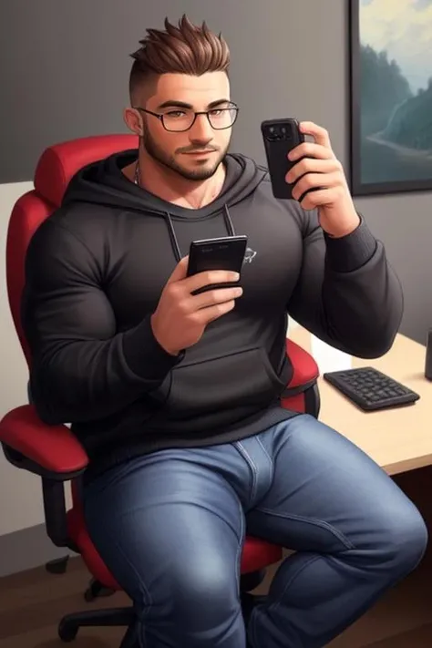 (((1man))), muscular, brown eyes, casual clothes, sweatshirt, handsome, nerd, dynamic,  sfw, playing videogames, (intricate details,  Masterpiece, high quality, best quality), (musclebears:0.3), bulgerk-soft