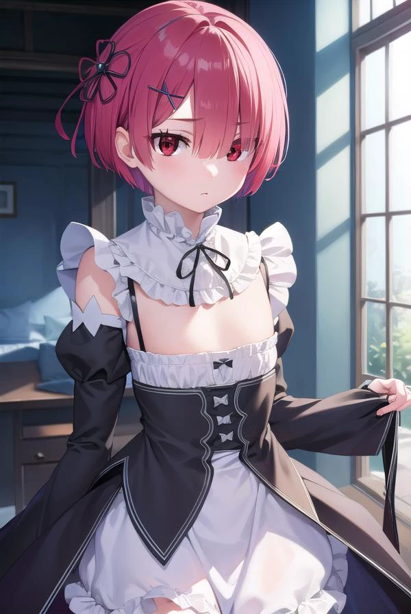 rezeroram, <lora:rezeroram-lora-nochekaiser:1>,
ram, hair flower, hair ornament, hair over one eye, pink hair, (red eyes:1.5), short hair, x hair ornament, bangs, blunt bangs, (flat chest:1.2),
BREAK apron, black bow, black dress, black ribbon, bow, detached sleeves, dress, frilled apron, frilled sleeves, frills, juliet sleeves, long sleeves, maid, neck ribbon, puffy sleeves, ribbon, roswaal mansion maid uniform, thighhighs, two-tone dress, waist apron, white bow, white dress, white thighhighs,
BREAK indoors, mansion,
BREAK looking at viewer, (cowboy shot:1.5),
BREAK <lyco:GoodHands-beta2:1>, (masterpiece:1.2), best quality, high resolution, unity 8k wallpaper, (illustration:0.8), (beautiful detailed eyes:1.6), extremely detailed face, perfect lighting, extremely detailed CG, (perfect hands, perfect anatomy),