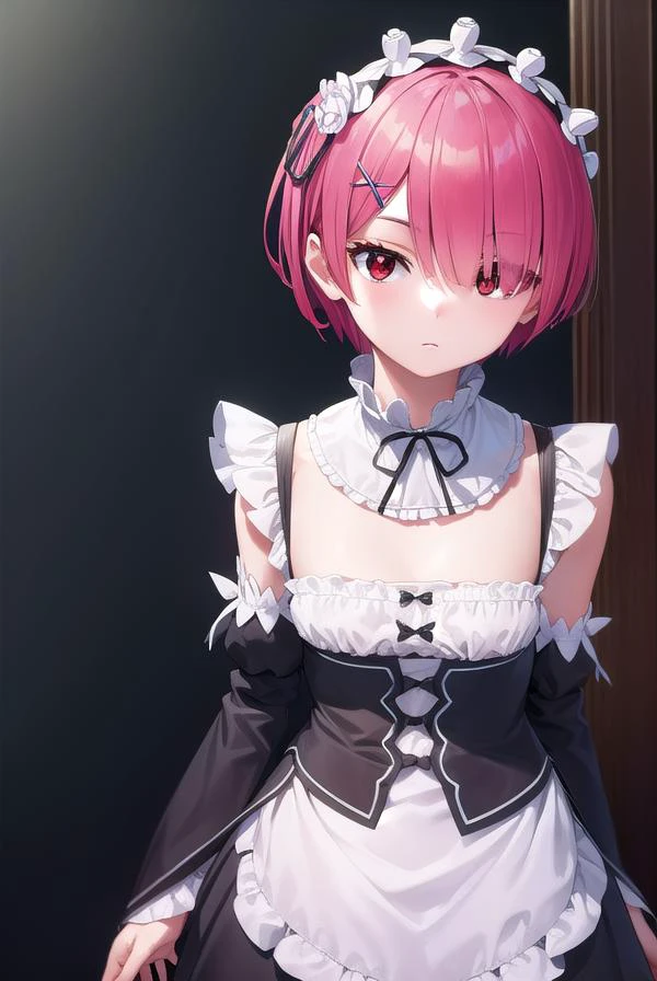 rezeroram, <lora:rezeroram-lora-nochekaiser:1>,
ram, hair flower, hair ornament, hair over one eye, pink hair, (red eyes:1.5), short hair, x hair ornament, bangs, blunt bangs, (flat chest:1.2),
BREAK apron, black bow, black dress, black ribbon, bow, detached sleeves, dress, frilled apron, frilled sleeves, frills, juliet sleeves, long sleeves, maid, neck ribbon, puffy sleeves, ribbon, roswaal mansion maid uniform, thighhighs, two-tone dress, waist apron, white bow, white dress, white thighhighs,
BREAK indoors, mansion,
BREAK looking at viewer, (cowboy shot:1.5),
BREAK <lyco:GoodHands-beta2:1>, (masterpiece:1.2), best quality, high resolution, unity 8k wallpaper, (illustration:0.8), (beautiful detailed eyes:1.6), extremely detailed face, perfect lighting, extremely detailed CG, (perfect hands, perfect anatomy),