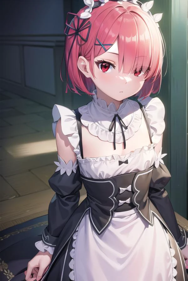 rezeroram, <lora:rezeroram-lora-nochekaiser:1>,
ram, hair flower, hair ornament, hair over one eye, pink hair, (red eyes:1.5), short hair, x hair ornament, bangs, blunt bangs, (flat chest:1.2),
BREAK apron, black bow, black dress, black ribbon, bow, detached sleeves, dress, frilled apron, frilled sleeves, frills, juliet sleeves, long sleeves, maid, neck ribbon, puffy sleeves, ribbon, roswaal mansion maid uniform, thighhighs, two-tone dress, waist apron, white bow, white dress, white thighhighs,
BREAK indoors, mansion,
BREAK looking at viewer, (cowboy shot:1.5),
BREAK <lyco:GoodHands-beta2:1>, (masterpiece:1.2), best quality, high resolution, unity 8k wallpaper, (illustration:0.8), (beautiful detailed eyes:1.6), extremely detailed face, perfect lighting, extremely detailed CG, (perfect hands, perfect anatomy),