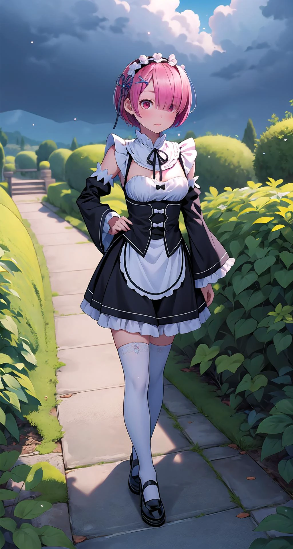 (masterpiece),(intricate details),1girl,mature female,pale skin,large breasts:1.49,expression _face,
BREAK
rezeroram, <lora:ramtest:1>, ram, hair flower, hair ornament, hair over one eye, pink hair, (red eyes:1.5), short hair, x hair ornament, BREAK apron, black bow, black dress, black ribbon, bow, detached sleeves, dress, frilled apron, frilled sleeves, frills, juliet sleeves, long sleeves, maid, neck ribbon, puffy sleeves, ribbon, roswaal mansion maid uniform, thighhighs, two-tone dress, waist apron, white bow, white dress, white thighhighs|,
((walking on the A tranquil arboretum unfolds, with winding paths lined by a variety of exotic trees, their colorful foliage creating a symphony of hues throughout the seasons.)),((full body)),from above:1.4,depth of field,looking at viewer
BREAK
moon,night,meteor,cinematic lighting,((cumulonimbus)),