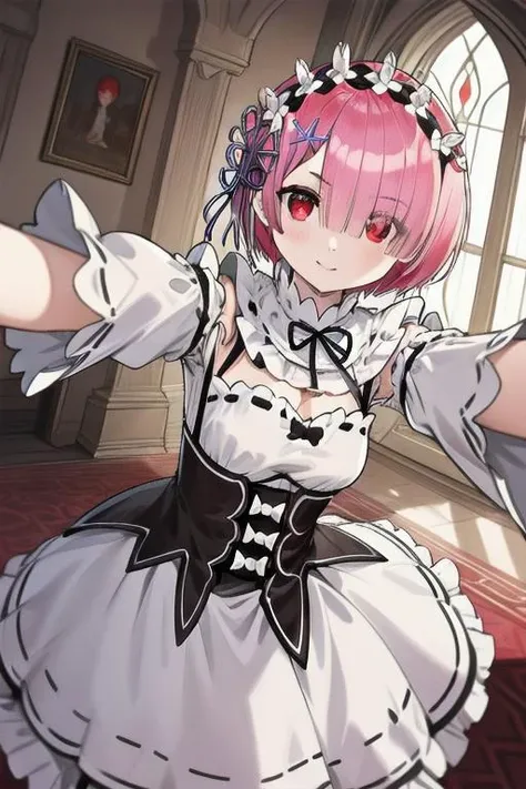 ram, hair flower, hair ornament, hair over one eye, pink hair, (red eyes:1.5), short hair, x hair ornament, selfie, castle background, indoor, <lora:ramtest:1>