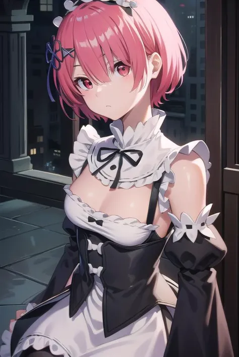 rezeroram, <lora:ramtest:1>, ram, hair flower, hair ornament, hair over one eye, pink hair, (red eyes:1.5), short hair, x hair ornament,
BREAK apron, black bow, black dress, black ribbon, bow, detached sleeves, dress, frilled apron, frilled sleeves, frills, juliet sleeves, long sleeves, maid, neck ribbon, puffy sleeves, ribbon, roswaal mansion maid uniform, thighhighs, two-tone dress, waist apron, white bow, white dress, white thighhighs,,
BREAK outdoors, city,
BREAK looking at viewer, BREAK <lora:GoodHands-vanilla:1>, (masterpiece:1.2), best quality, high resolution, unity 8k wallpaper, (illustration:0.8), (beautiful detailed eyes:1.6), extremely detailed face, perfect lighting, extremely detailed CG, (perfect hands, perfect anatomy),
