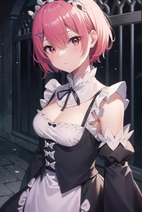 rezeroram, <lora:ramtest:1>, ram, hair flower, hair ornament, hair over one eye, pink hair, (red eyes:1.5), short hair, x hair ornament,
BREAK apron, black bow, black dress, black ribbon, bow, detached sleeves, dress, frilled apron, frilled sleeves, frills, juliet sleeves, long sleeves, maid, neck ribbon, puffy sleeves, ribbon, roswaal mansion maid uniform, thighhighs, two-tone dress, waist apron, white bow, white dress, white thighhighs,,
BREAK outdoors, city,
BREAK looking at viewer, BREAK <lora:GoodHands-vanilla:1>, (masterpiece:1.2), best quality, high resolution, unity 8k wallpaper, (illustration:0.8), (beautiful detailed eyes:1.6), extremely detailed face, perfect lighting, extremely detailed CG, (perfect hands, perfect anatomy),