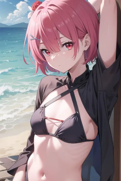 rezeroram, <lora:ramtest:1>, ram, hair flower, hair ornament, hair over one eye, pink hair, (red eyes:1.5), short hair, x hair ornament, (small chest:1.2)
BREAK bikini,
BREAK outdoors, beach,
BREAK looking at viewer, BREAK <lora:GoodHands-vanilla:1>, (masterpiece:1.2), best quality, high resolution, unity 8k wallpaper, (illustration:0.8), (beautiful detailed eyes:1.6), extremely detailed face, perfect lighting, extremely detailed CG, (perfect hands, perfect anatomy),