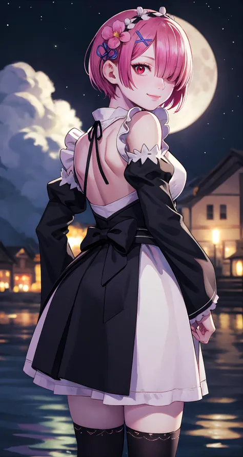 realistic1.49,photorealistic:1.49,film grain:0.4,(masterpiece),(intricate details),1girl,mature female,pale skin,large breasts:1.49,smile,
BREAK
rezeroram, <lora:ramtest:1>, ram, hair flower, hair ornament, hair over one eye, pink hair, (red eyes:1.5), short hair, x hair ornament, BREAK apron, black bow, black dress, black ribbon, bow, detached sleeves, dress, frilled apron, frilled sleeves, frills, juliet sleeves, long sleeves, maid, neck ribbon, puffy sleeves, ribbon, roswaal mansion maid uniform, thighhighs, two-tone dress, waist apron, white bow, white dress, white thighhighs
BREAK
moon,night,meteor,hanabi,((cumulonimbus)),((standing on the anywhere)),
((full body)),from behind:1.4,depth of field,looking at viewer
