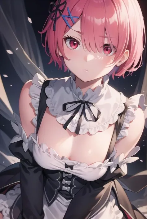 rezeroram, <lora:ramtest:1>, ram, hair flower, hair ornament, hair over one eye, pink hair, (red eyes:1.5), short hair, x hair ornament, (flat chest:1.2),
BREAK apron, black bow, black dress, black ribbon, bow, detached sleeves, dress, frilled apron, frilled sleeves, frills, juliet sleeves, long sleeves, maid, neck ribbon, puffy sleeves, ribbon, roswaal mansion maid uniform, thighhighs, two-tone dress, waist apron, white bow, white dress, white thighhighs,,
BREAK outdoors, city,
BREAK looking at viewer, BREAK <lora:GoodHands-vanilla:1>, (masterpiece:1.2), best quality, high resolution, unity 8k wallpaper, (illustration:0.8), (beautiful detailed eyes:1.6), extremely detailed face, perfect lighting, extremely detailed CG, (perfect hands, perfect anatomy),