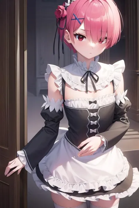 <lora:komiya kaho_Loha:1>, komiya kaho, 1girl, solo, frills, red hair,  red eyes, maid, thighhighs, mob cap, apron, hat, white headwear, frilled dress, dress, short sleeves, bow, bowtie, long hair, black dress, bangs, frilled thighhighs, frilled apron, white apron, white thighhighs, polka dot, wrist cuffs, maid apron, ribbon, enmaided, hair between eyes, twintails, white bow, frilled skirt, skirt hold, puffy short sleeves, white bowtie, collared dress, puffy sleeves, polka dot bow, alternate costume,
