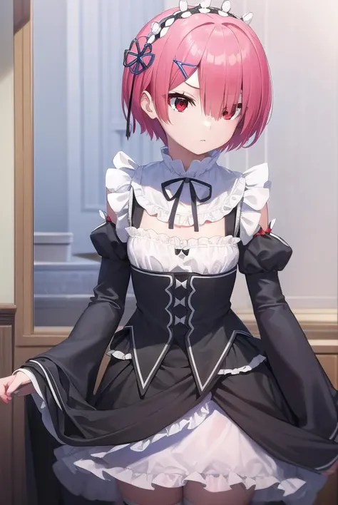 rezeroram, <lora:rezeroram-lora-nochekaiser:1>,
ram, hair flower, hair ornament, hair over one eye, pink hair, (red eyes:1.5), short hair, x hair ornament, bangs, blunt bangs, (flat chest:1.2),
BREAK apron, black bow, black dress, black ribbon, bow, detached sleeves, dress, frilled apron, frilled sleeves, frills, juliet sleeves, long sleeves, maid, neck ribbon, puffy sleeves, ribbon, roswaal mansion maid uniform, thighhighs, two-tone dress, waist apron, white bow, white dress, white thighhighs,
BREAK indoors, mansion,
BREAK looking at viewer, (cowboy shot:1.5),
BREAK <lyco:GoodHands-beta2:1>, (masterpiece:1.2), best quality, high resolution, unity 8k wallpaper, (illustration:0.8), (beautiful detailed eyes:1.6), extremely detailed face, perfect lighting, extremely detailed CG, (perfect hands, perfect anatomy),