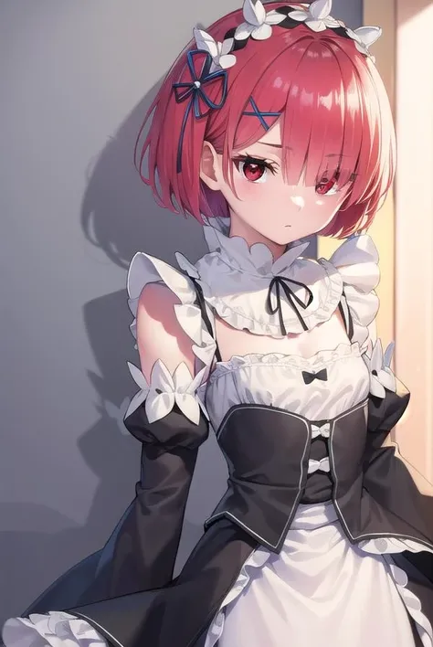 rezeroram, <lora:rezeroram-lora-nochekaiser:1>,
ram, hair flower, hair ornament, hair over one eye, pink hair, (red eyes:1.5), short hair, x hair ornament, bangs, blunt bangs, (flat chest:1.2),
BREAK apron, black bow, black dress, black ribbon, bow, detached sleeves, dress, frilled apron, frilled sleeves, frills, juliet sleeves, long sleeves, maid, neck ribbon, puffy sleeves, ribbon, roswaal mansion maid uniform, thighhighs, two-tone dress, waist apron, white bow, white dress, white thighhighs,
BREAK indoors, mansion,
BREAK looking at viewer, (cowboy shot:1.5),
BREAK <lyco:GoodHands-beta2:1>, (masterpiece:1.2), best quality, high resolution, unity 8k wallpaper, (illustration:0.8), (beautiful detailed eyes:1.6), extremely detailed face, perfect lighting, extremely detailed CG, (perfect hands, perfect anatomy),