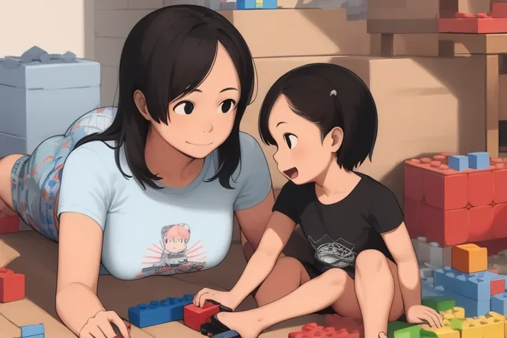 <lora:takamichi-style-v1_1:1>mother and child,playing with block toys, t-shirt