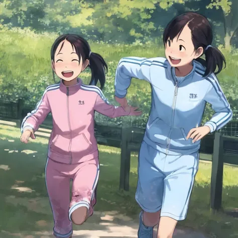 watercolor painted background:,daytime,blurry background,2girls,<lora:takamichi-style-v1_1:1>,takamichi style, looking at viewer,laughing, track jacket, track pants,running, track