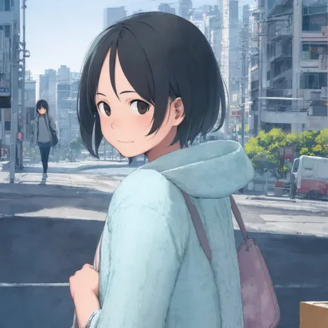1girl,<lora:takamichi-style-v1_1:1>,takamichi style,cityscape, looking at viewer, watercolor painted background:,blurry background