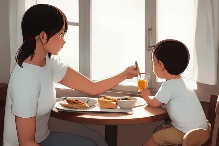 <lora:takamichi-style-v1_1:1>mother,baby,breakfast,table,indoor,window,backlighting, t-shirt