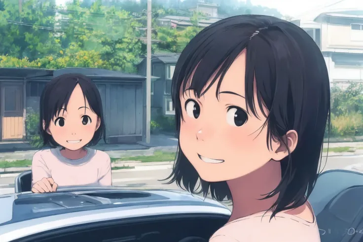 face light,watercolor painted background:,daytime,blurry background,2girls,<lora:takamichi-style-v1_1:1>,takamichi style, looking at viewer,laughing, driving car,from side,car