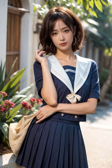 moyou,1girl,looking at viewer,sexy pose,(cowboy shot),
(masterpiece, high quality, best quality),(colorful),(delicate eyes and face),volumatic light,ray tracing,extremely detailed CG unity 8k wallpaper,solo,
(private garden,water),
<lora:æ¥ æ¨:1.2:lbw=fa>,short wave curly hair,light smile,
<lora:add_detail:0.5>,
<lora:Cococola JK Uniform:0.8>,cococola,school uniform,serafuku,blue shirt,blue pleated skirt,
