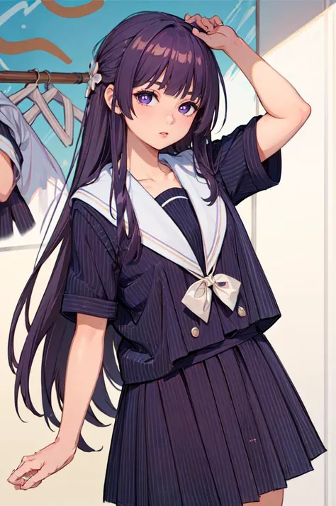 <lora:Fern:0.85> FernFrieren, very long hair, purple eyes, (purple pupils), <lora:cococola_20231215201344:0.8> ,cococola,school uniform,serafuku,blue shirt,blue pleated skirt,, ultra detailed, masterpiece, best quality, aesthetic, detailed,
