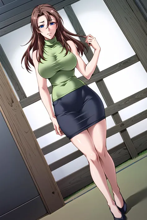 ((masterpiece)),((best quality)),ultra-detailed,illustration,1girl, solo, blue eyes, brown hair, long hair, large breasts, bare shoulders, (skirt, turtleneck, halterneck, sleeveless:1.5),
looking at viewer, hand on own chest, (blush), (sleeveless turtleneck, green shirt:1.5),Beautiful Finger,Beautiful long legs,Beautiful body,Beautiful Nose,Beautiful character design,perfect eyes,perfect face,alluring,wallpaper,perfect lighting,Colorful,ultra highres,4K,shiny skin,photography,8K,HDR,highres,(groin),day,(beautiful face:1.5),(narrow waist),(full body:1.5),Shirayama Fumiko,<lora:Shirayama Fumiko:0.7>,