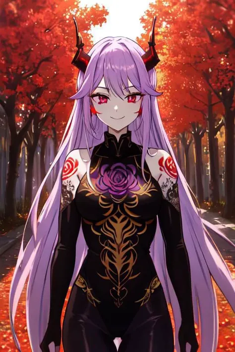 high quality. masterpiece, 8k, street, tree, road, tree canopy, upper body, face focus, 1girl, arrogant, mei, horns, long hair, (purple eyes:1.1), purple Amethyst hair, evil smile, big grin, golden red copper sliver tattoo black leggings, Amethyst laced glow tattoo black bodystockings, lace fractal red and golden glow enhanced skeleton Amethyst black tattoo bodysuit, red flower tattoo, long glow hair, glow golden earrings, red eyes, white face, tattoo mark mask tattoo, arrogant, she is standing, sunlit, weak lights and shadow, tree canopy, street, red flowers, evergreen, face focus,